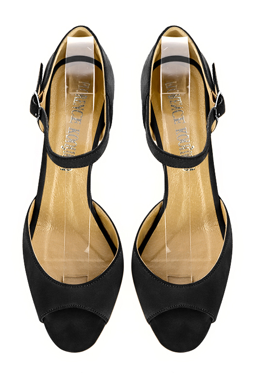 Matt black women's closed back sandals, with an instep strap. Square toe. Medium comma heels. Top view - Florence KOOIJMAN
